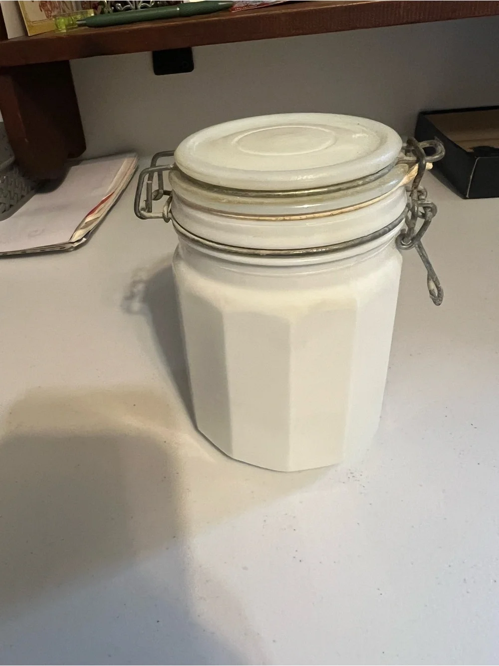 Vintage Milk Glass Airtight Canister with Metal Clamp Lid